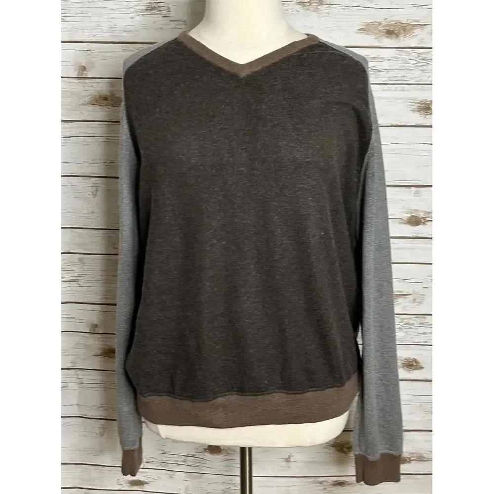 Vintage GAP brown/gray cotton/cashmere colorblock V-neck pullover sweater XXL